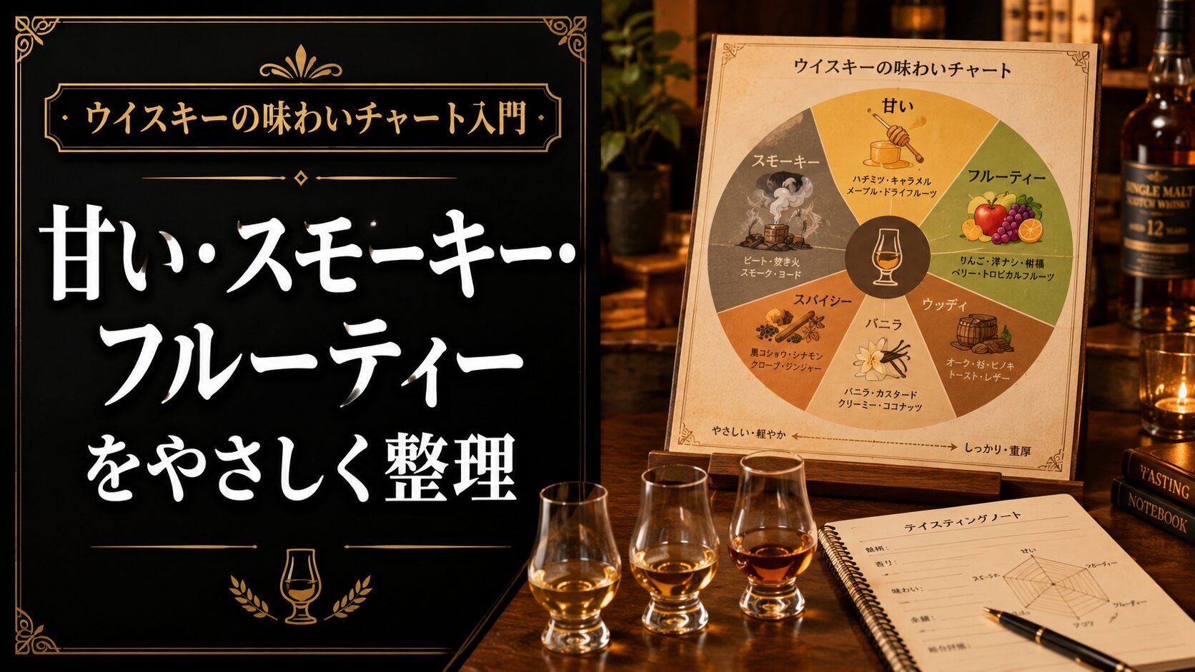 甘い・スモーキー・フルーティーなどウイスキーの味わいチャート